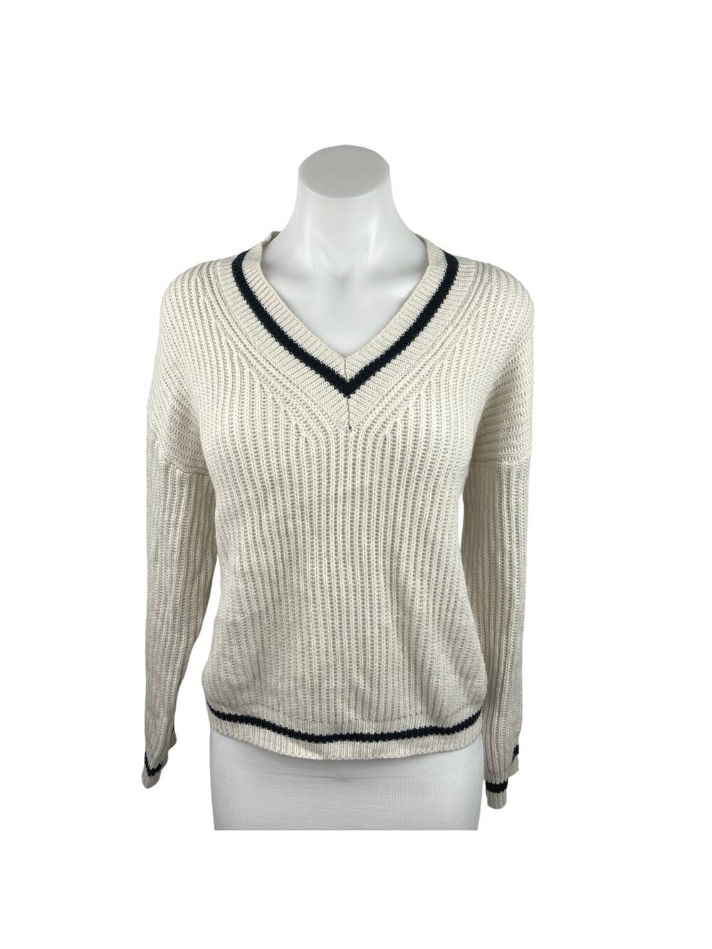 Shein Women's Knit Ribbed Cream V-Neck Long Sleeves Pullover Sweater Top Size 6